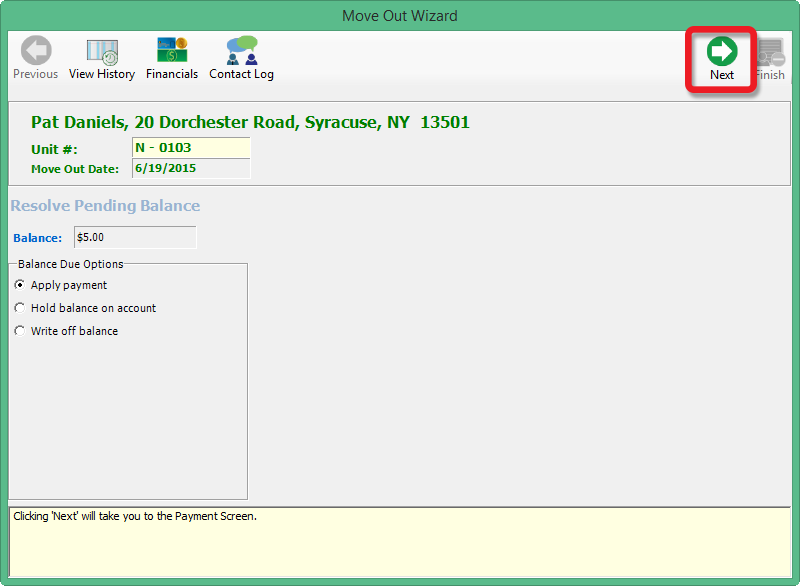 screenshot of move out wizard showing options to resolve outstanding balances