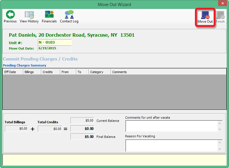 screenshot of the move out wizard and pending charges