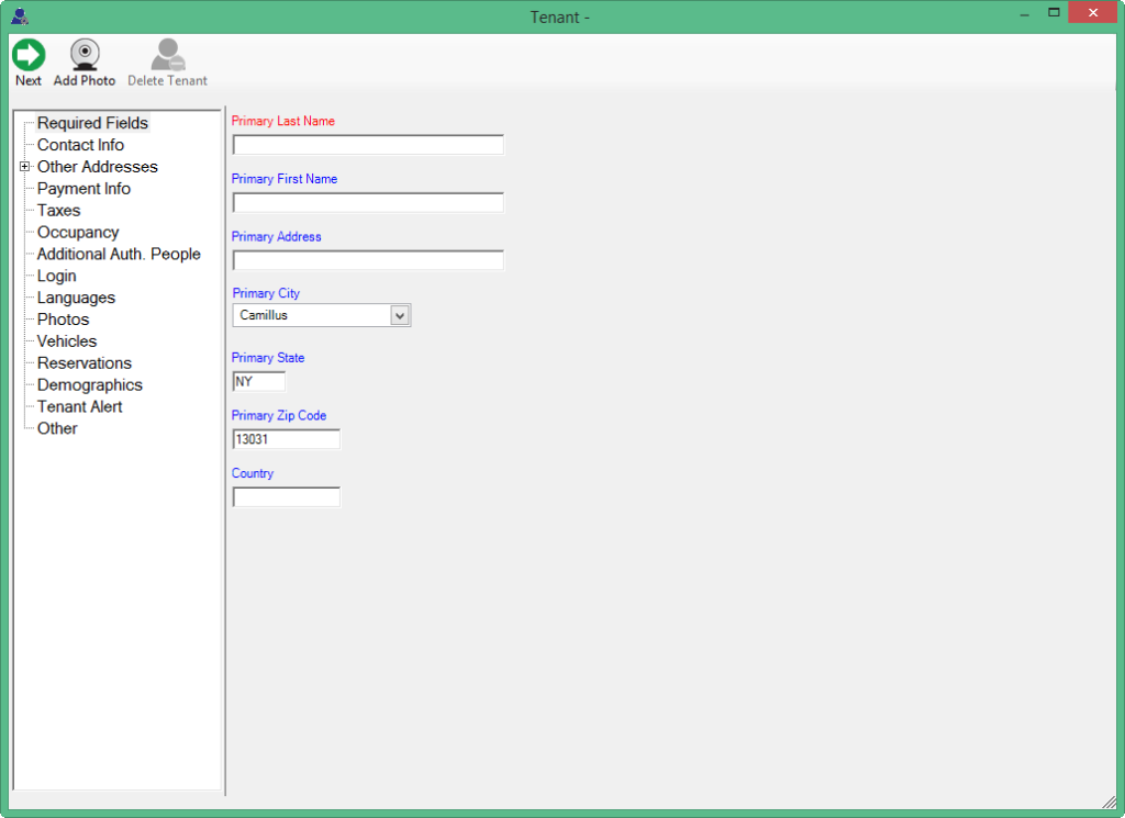 Screenshot of Required Fields