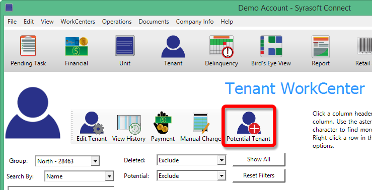 Screenshot showing the Potential Tenant button on the Tenant Workcenter