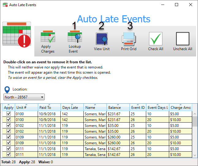 screenshot of auto late events screen