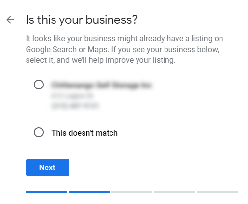 screenshot of Google My Business checking for duplicate listings