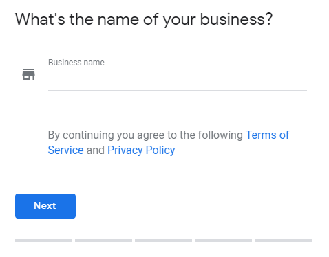 screenshot of a Google My Business form requesting the business name