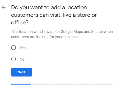 screenshot of a Google My Business form asking if there is a physical location for this business