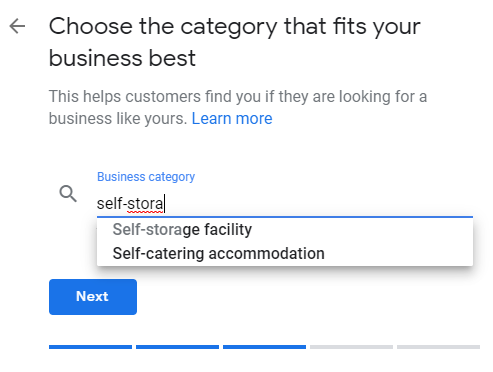 screenshot of Google My Business form being used to select a business category