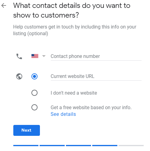 screenshot of Google My Business asking for phone number and website url