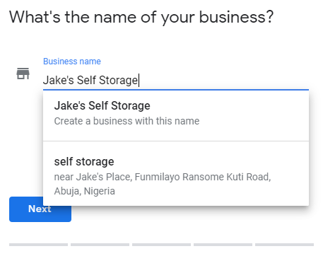 screenshot of a Google My Business form being filled out with a self storage facility name