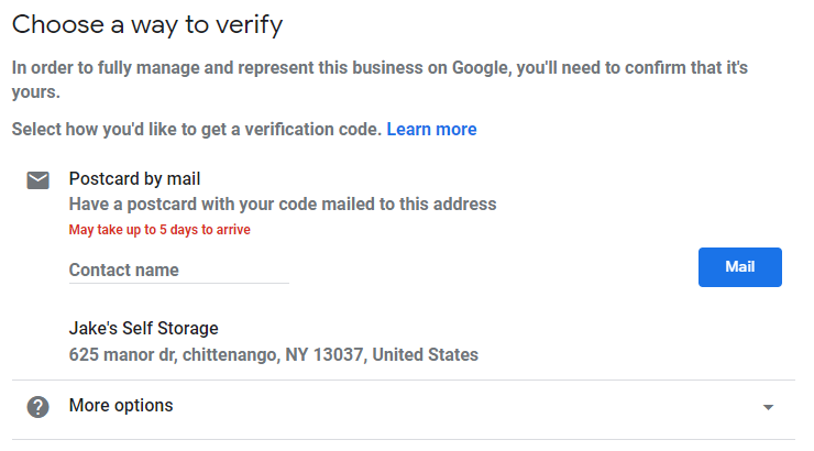 screenshot of Google My Business verification screen